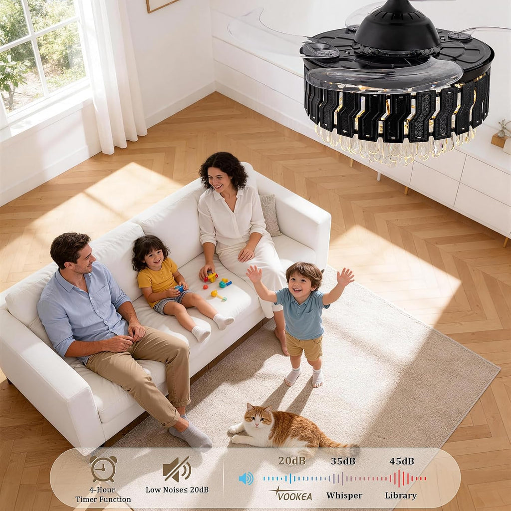 42" Black Crystal Ceiling Fan Chandelier, Retractable Fandelier
