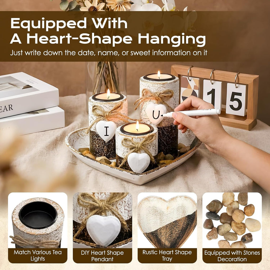 Farmhouse Candle Holders 3 Pack Rustic Wooden Pillar Candle Holder | Heart Tray and Stones Tealight Candles Holders