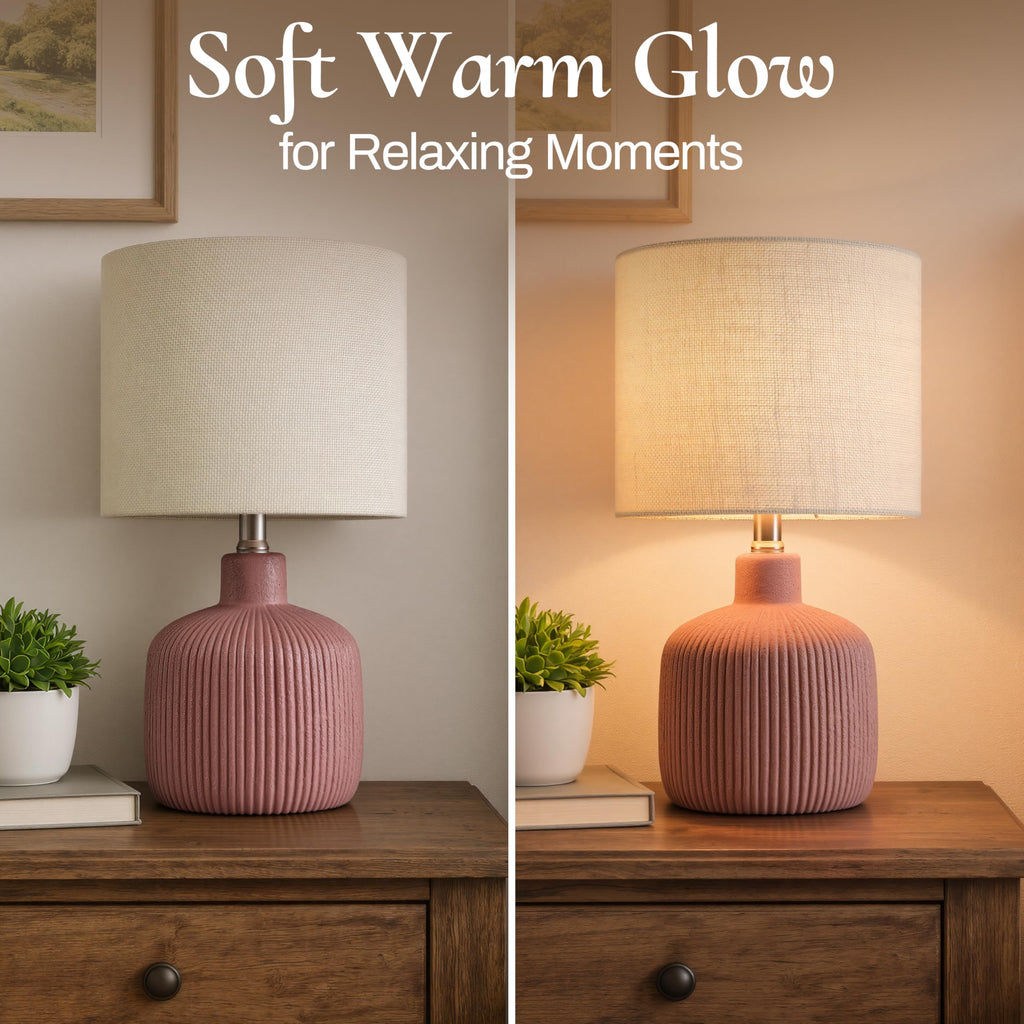 Ceramic Table Lamp, 17.75" Rustic Farmhouse Bedside Lamp with Beige Linen Shade, Warm Ambient Nightstand Lighting