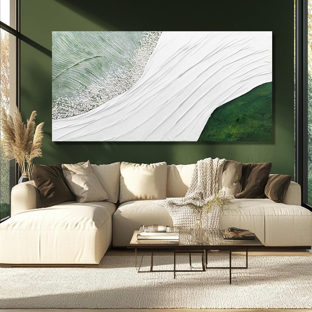 Contemporary Abstract Nature-Inspired Canvas Wall Art with White Flowing Lines and Green Accents, Minimalist Textured