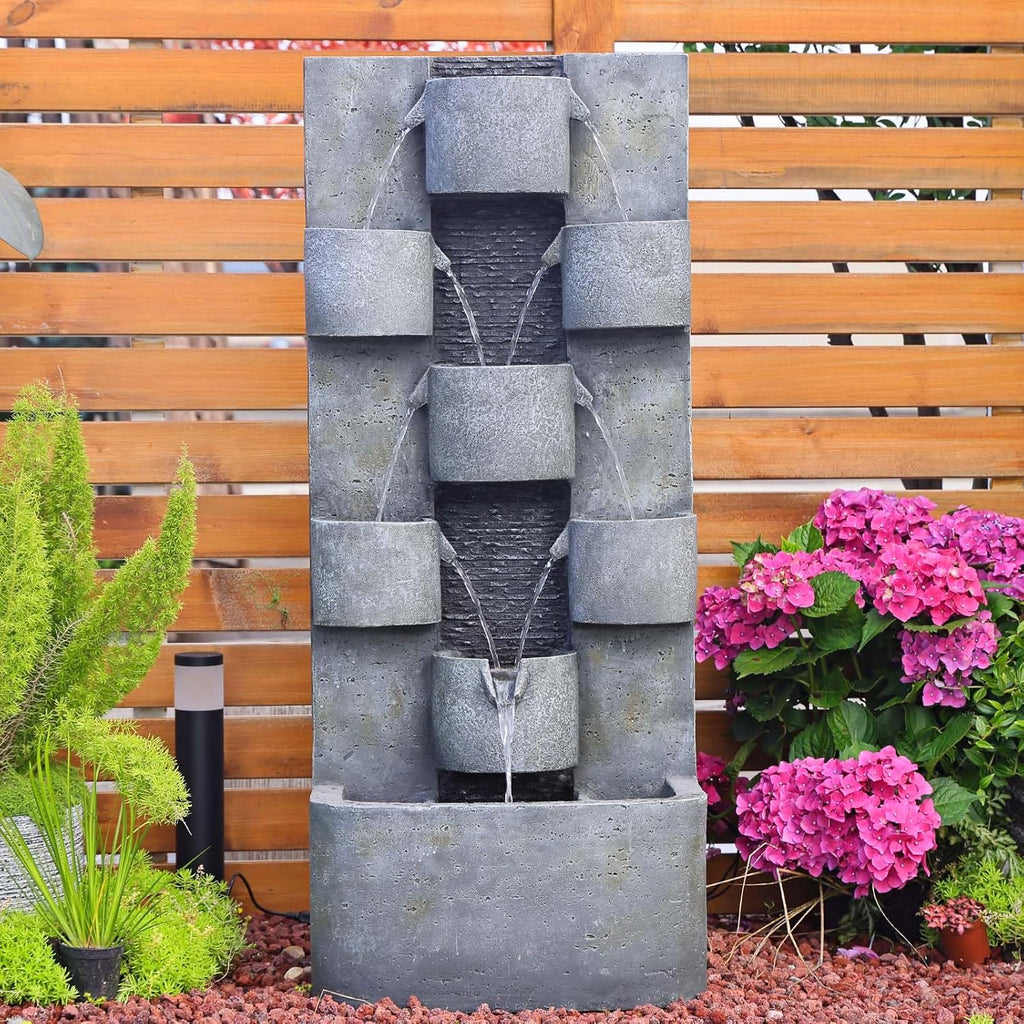 44.8" H Modern Outdoor Water Fountain with LED Lights and Pump, Mutiply-Tier Standing Cascading Waterfall