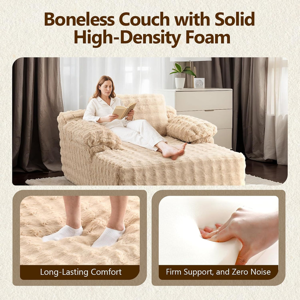 Boneless Chaise Lounge Chair, Light Brown Oversized Reading Chair Upholstered Bubble Fleece Cloud Couch Sofa Recliner