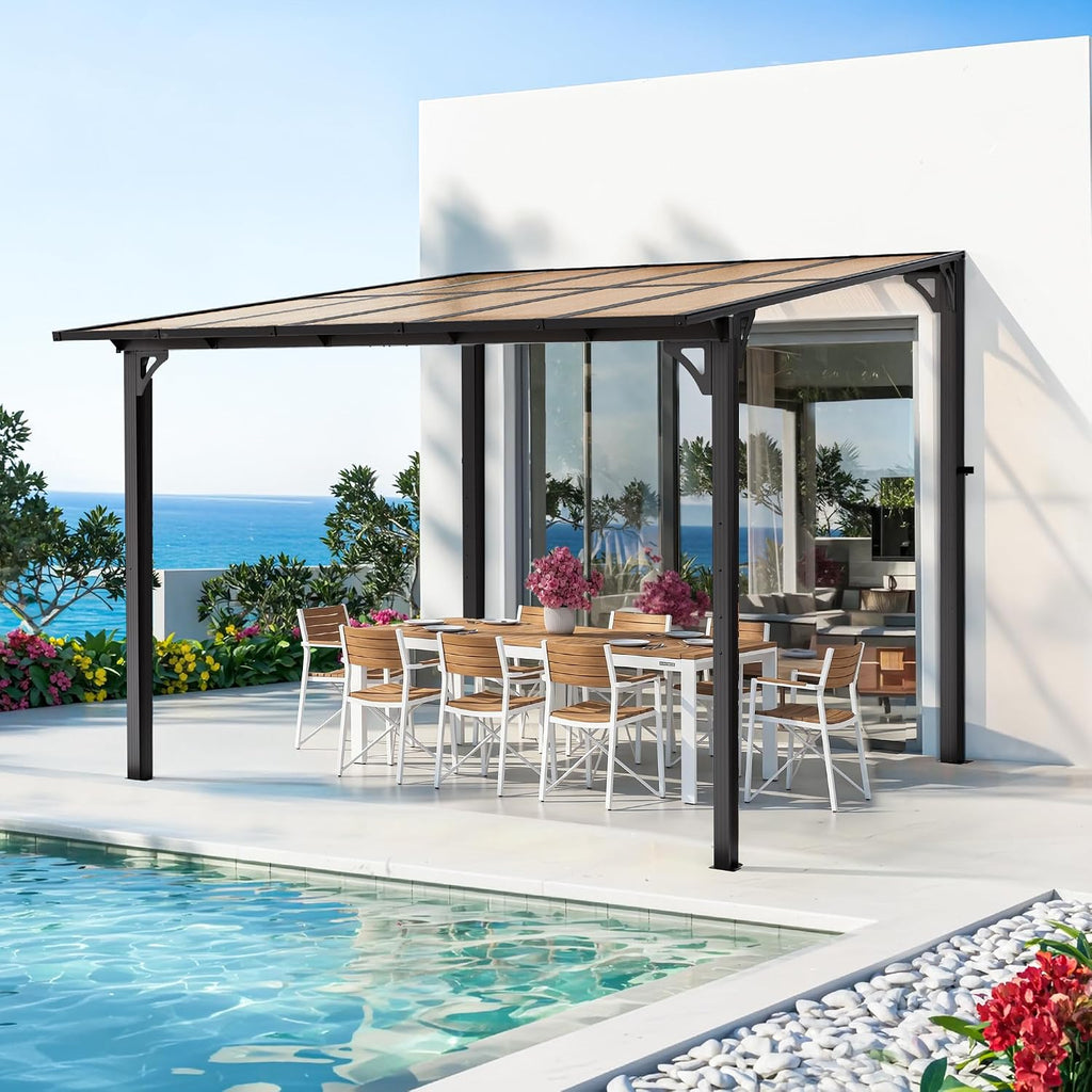 10x10FT Wall Mounted Gazebo, Hardtop Lean to Gazebo with Aluminum Frame & UV Resistant Polycarbonate Roof