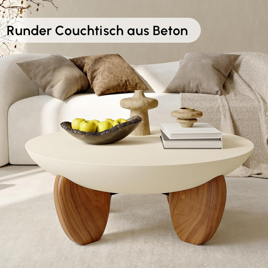 Round Concrete Coffee Table with Premium Walnut Ash Wood Legs, Modern Minimalist Cement Finish Center Table
