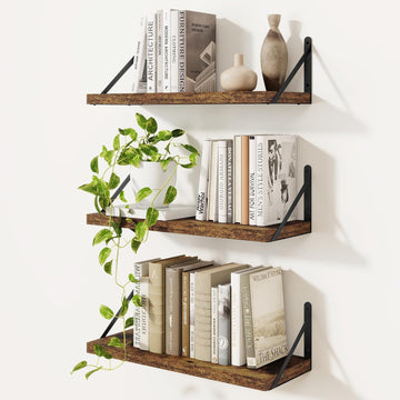 Book Shelf Set of 3, 16 inch Wall Shelves, Vintage Brown Shelves | Wall Mounted Bookshelf with Metal Brackets