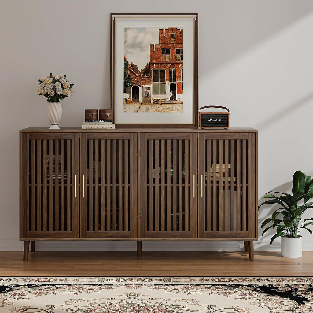 Buffet Cabinet with Storage, 63" Walnut Sideboard with Grille Doors&Adjustable Shelf