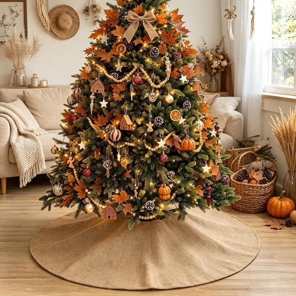 Fall Burlap Tree Skirt, 48 inch Rustic Farmhouse Christmas Tree Decorations