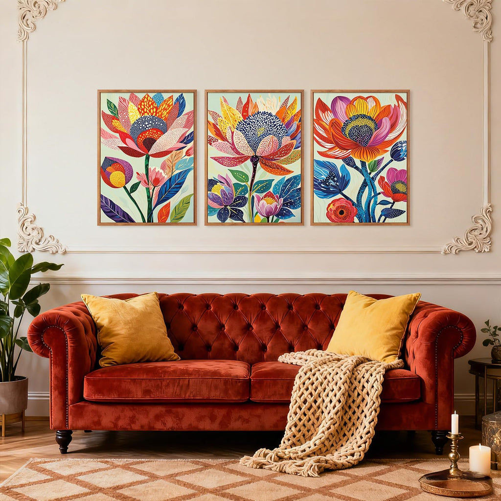 Abstract Botanical Floral Framed Canvas Wall Art Set,(Set of 3,12X16 Inch) Colorful Dot Art Modern Flower Wall