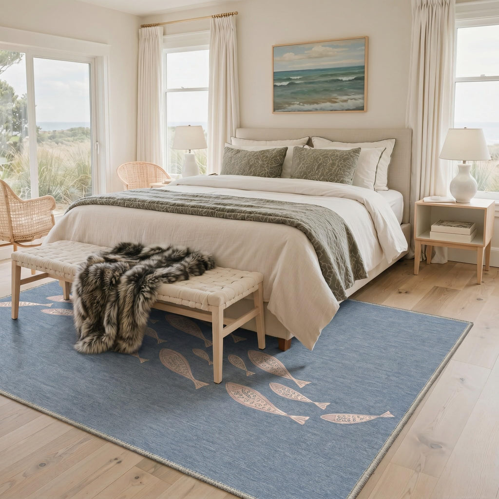 6x9 Fish Rug, Machine Washable Light Blue Rug with Minimal Fish Pattern