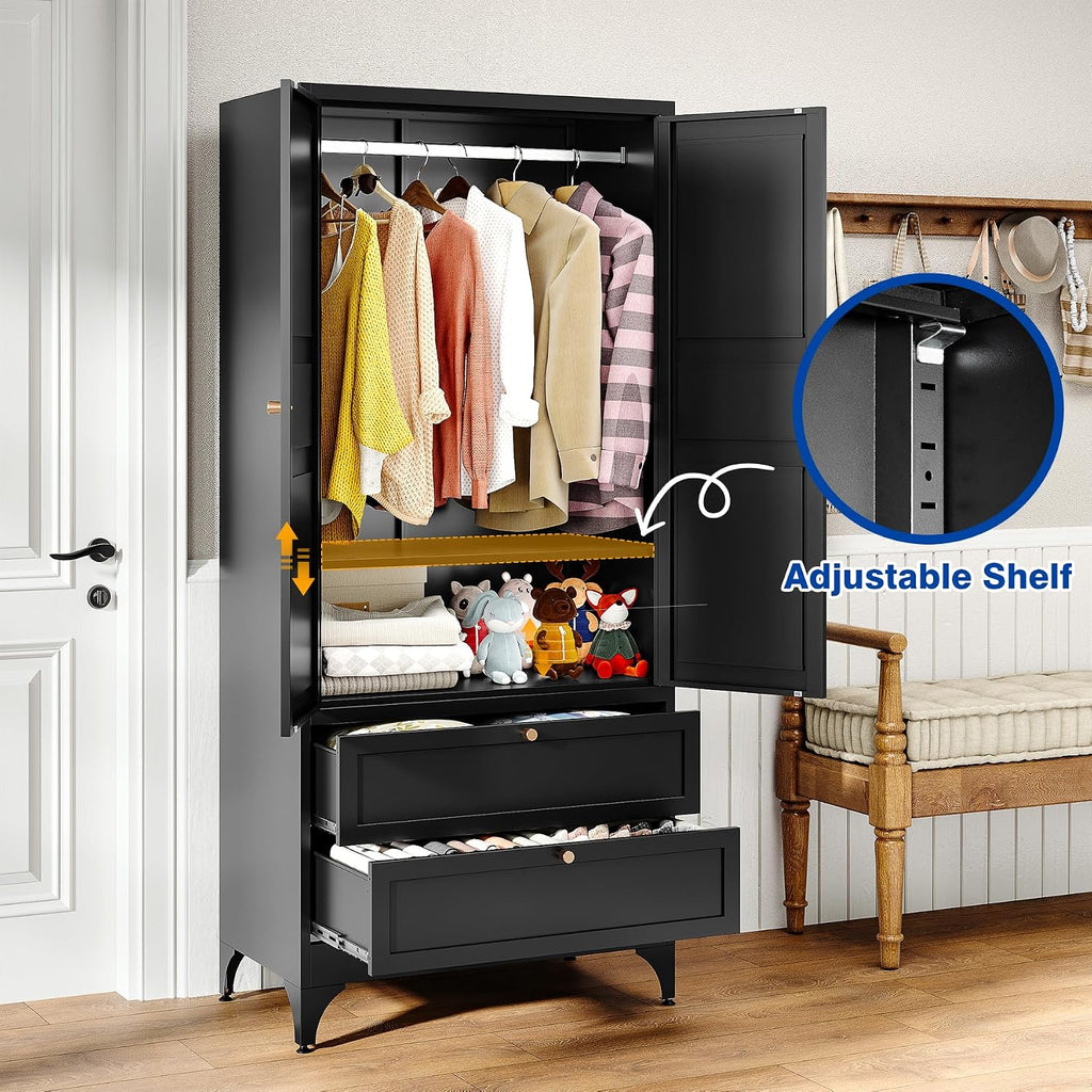 71" Tall Metal Wardrobe Closet with 2 Drawers, Steel Armoire Cabinet with Hanging Rod and Adjustable Shelves