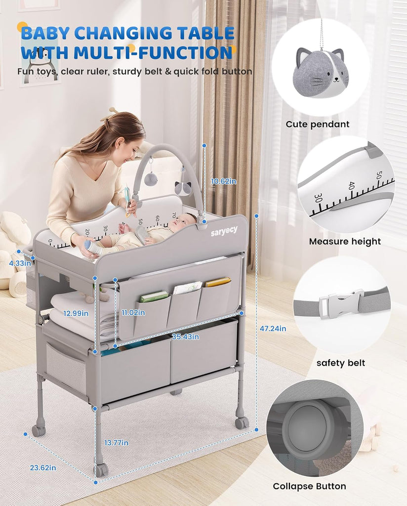 Baby Changing Table, Mobile Folding Diaper Changing Station | Adjustable Height, Waterproof Surface, 2 Storage