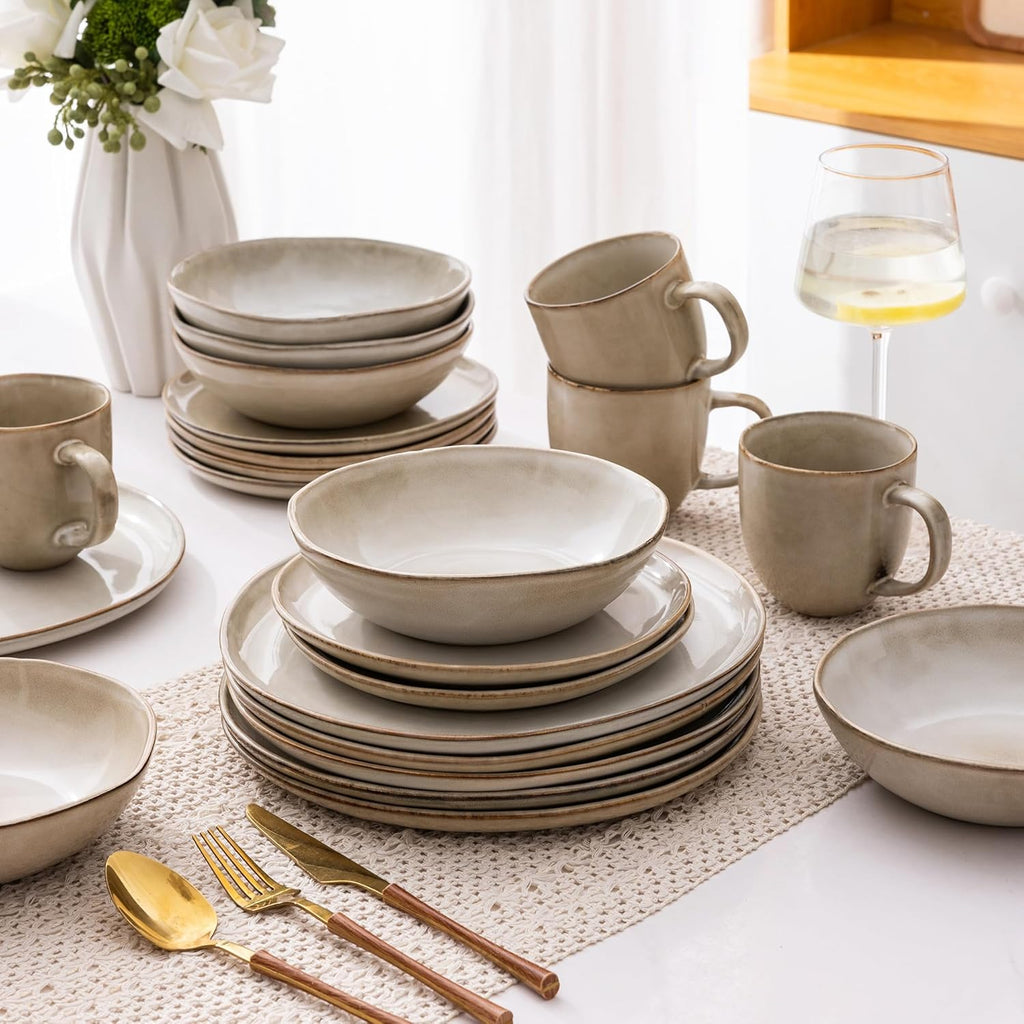 Ceramic Dinnerware Sets,Handmade Reactive Glaze Stoneware Plates and Bowls Sets,Highly Scratch Resistant | Dishwasher