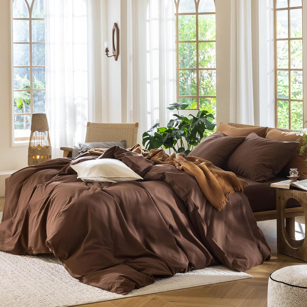 Bedding Duvet Cover Set 100% Washed Cotton Linen Like Textured Breathable Durable Soft Comfy (Solid Cocoa Brown