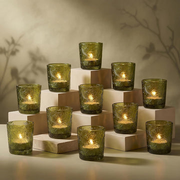 Moss Green Hummingbird Glass Tealight Holders, 12 Pack