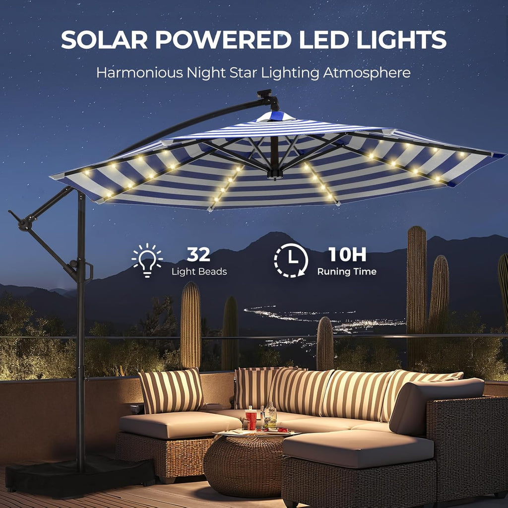 10ft Solar LED Cantilever Patio Umbrella with Base Included, Premium 220GSM Solution-Dyed Fabric