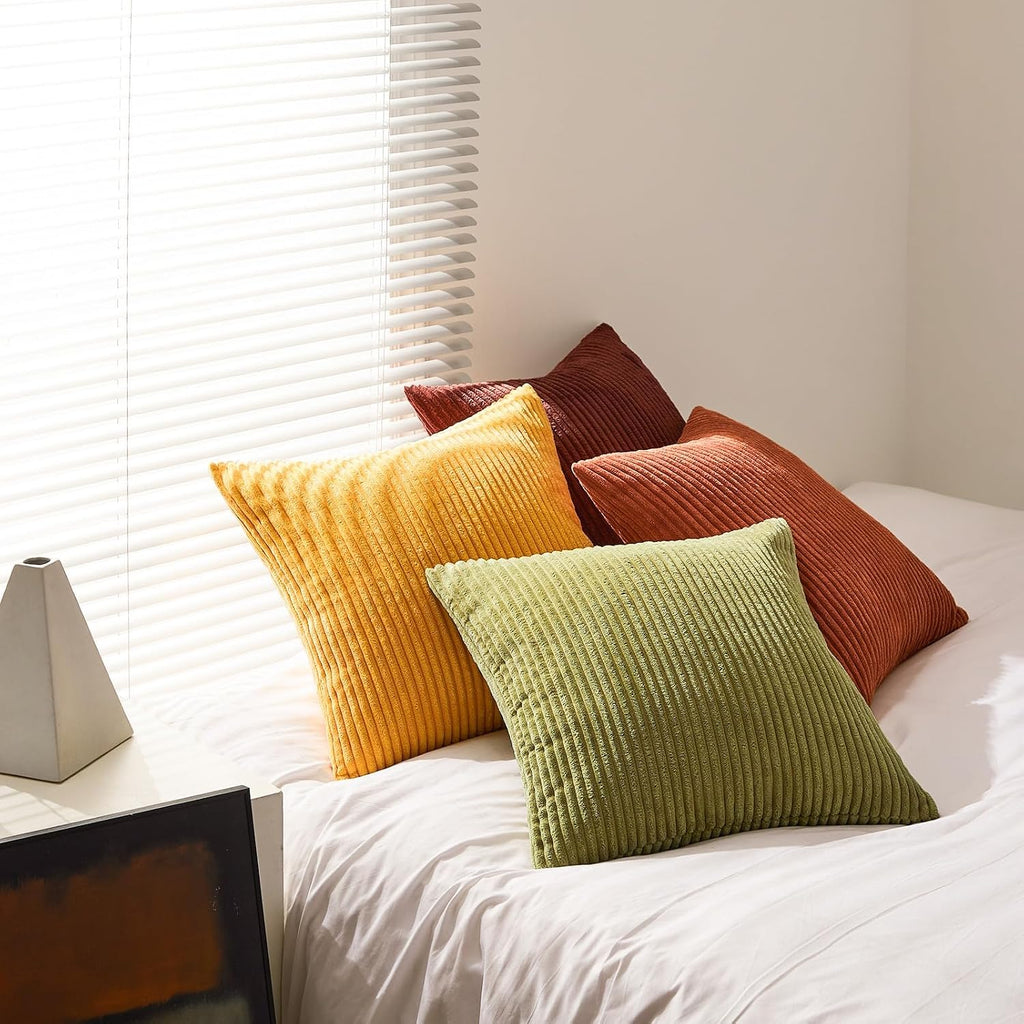 Fall Burnt Orange Decorative Throw Pillows Covers 18x18 Inch Set of 4,Yellow Green Gradient Series Corduroy Striped