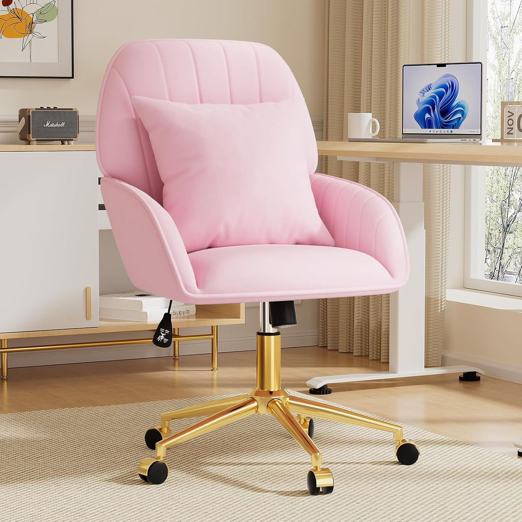 Pink Velvet Desk Chair with Pillow, Upholstered Home Office Desk Chair Makeup Vanity Chair with Swivel Wheels