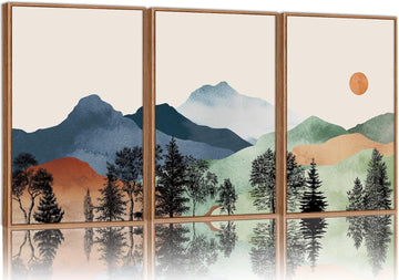 Boho Mountain Framed Canvas Wall Art Set of 3, Watercolor Nature Landscape Art Prints, Modern Sunrise Art Paintings