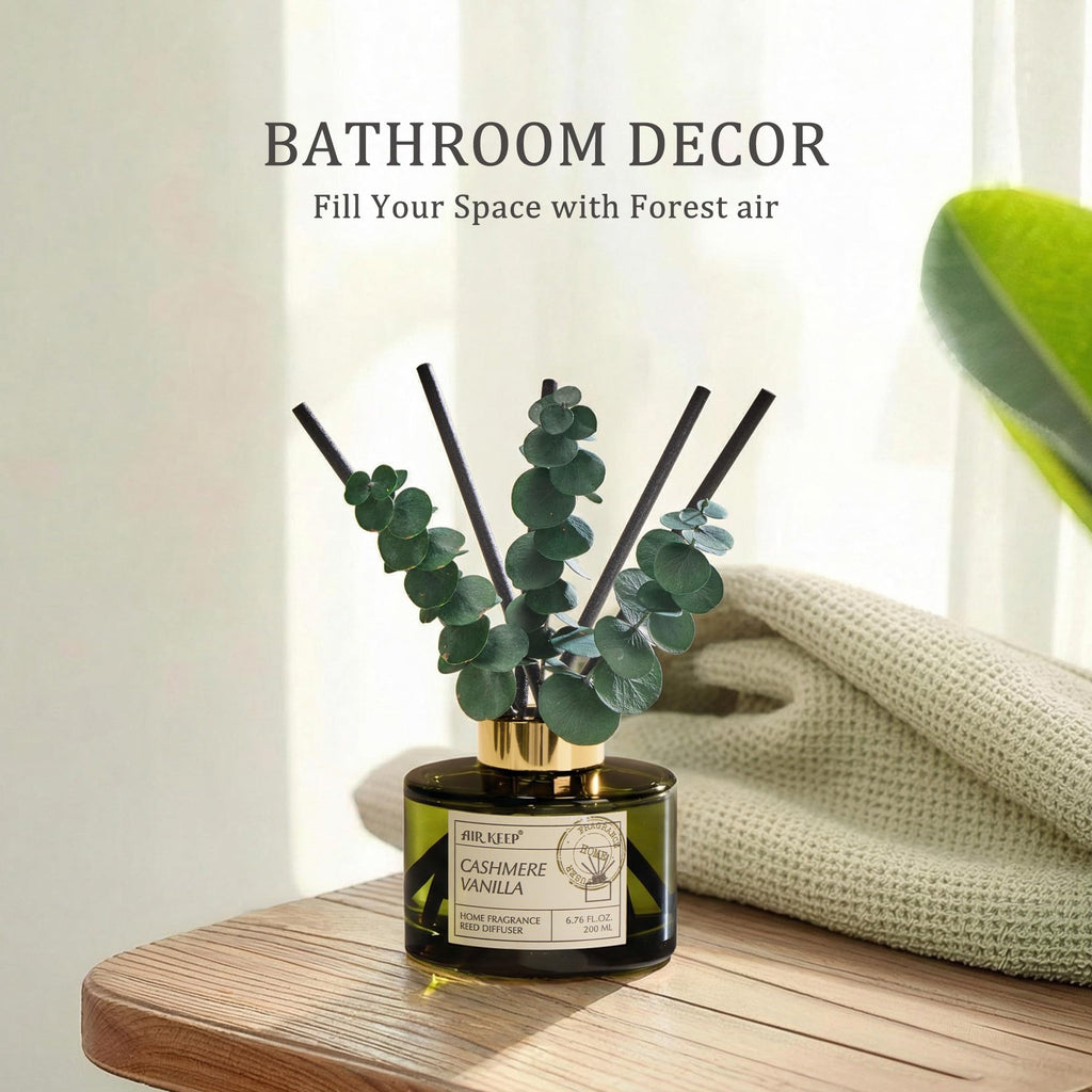 Reed Diffuser Set with 6.76 fl oz Cashmere Vanilla Scent Essential Oils and 3 Leaves & 8 Diffuser Sticks, Bathroom