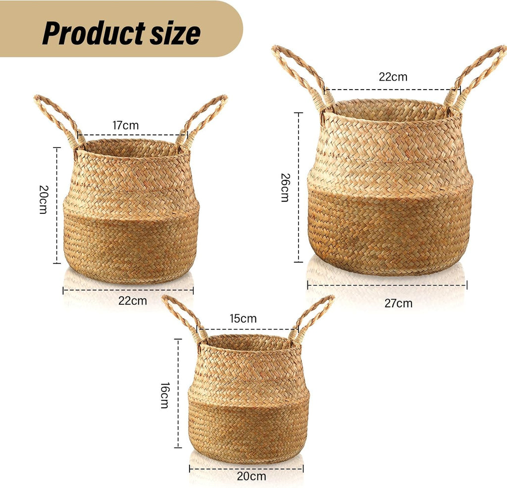 3 Set Seagrass Belly Storage Basket Woven Plant Pot Holder with Handles for Plants Picnic Grocery Laundry(Natural