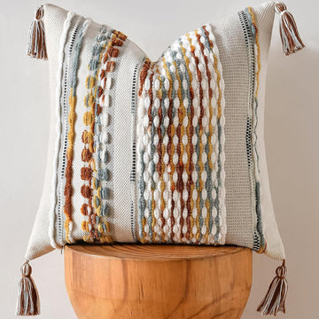 Chenille Striped Textured Boho Throw Pillow Covers Aesthetic with Tassels Woven Decorative Pillow Case