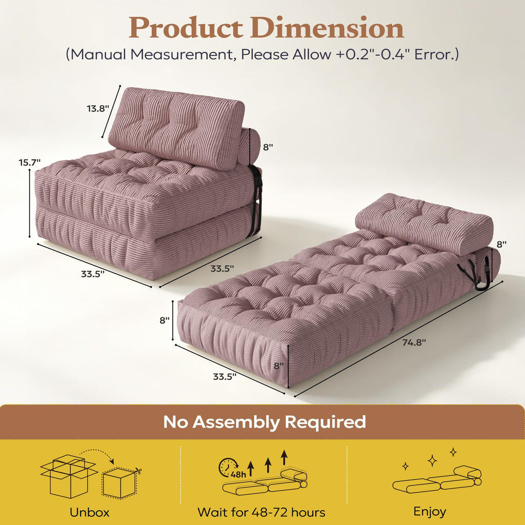 Convertible Folding Sofa Bed Chair, Foldable Soft Foam Couch, Pink