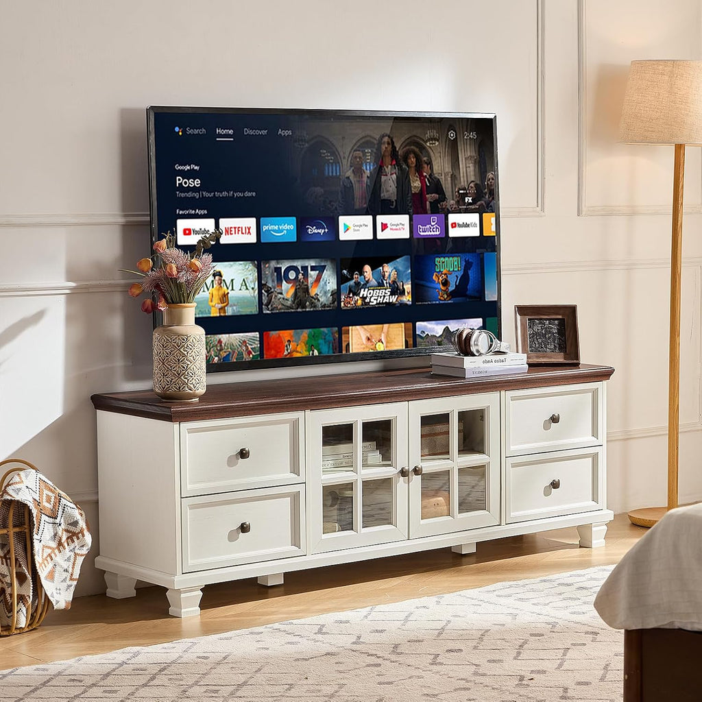 TV Stands for Living Room, Farmhouse Entertainment Center, Rustic Wood TV Stand with Drawers for 75 Inch TV, White