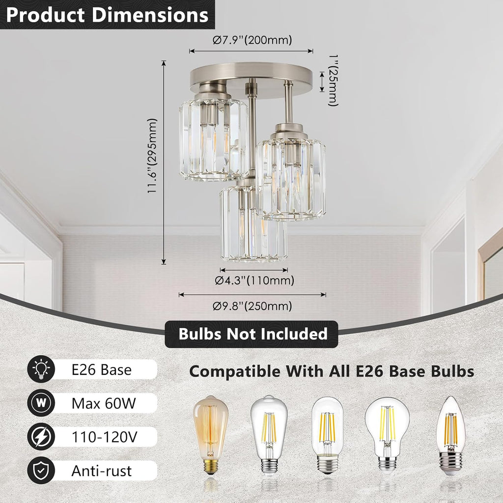 Brushed Nickel Semi Flush Mount Ceiling Light, 3-Light Modern Crystal Chandelier with Clear K9 Crystal Shades