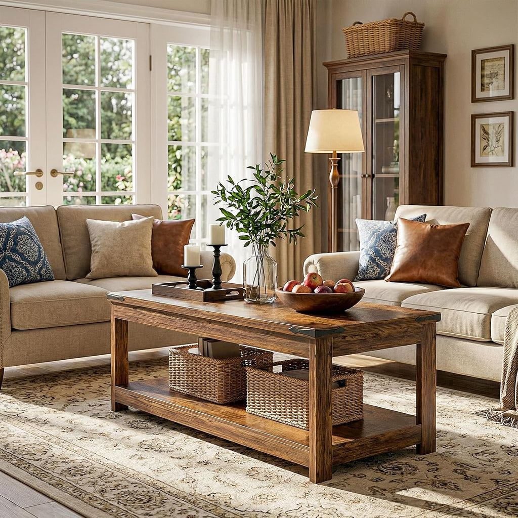 Coffee Table with Storage Shelf, 43.3” Farmhouse Wood Coffee Tables, Modern Center Tea Table, Rustic Brown