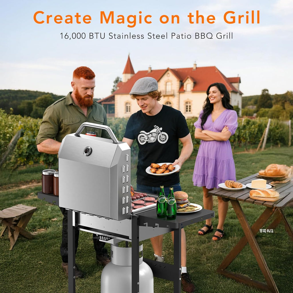 2-Burner Propane Gas Grill with Cast Iron Frying Pan and Grates Combo, 16,000 BTU Stainless Steel BBQ Grill for Patio, Backyard, and Outdoor Parties