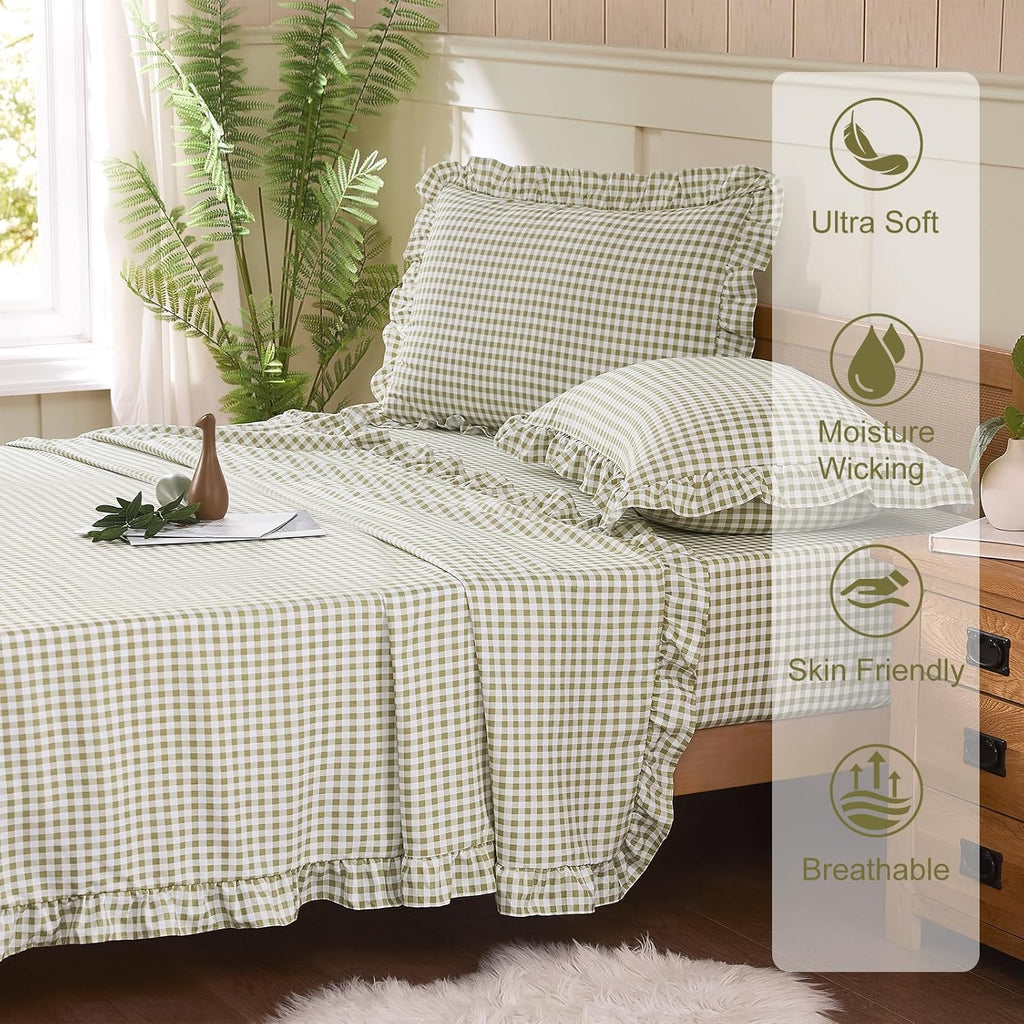 Gingham Queen Sheet Set, Lightweight Super Soft Brushed Microfiber Plaid Bed Sheets with 16" Deep Pocket, 4 Piece