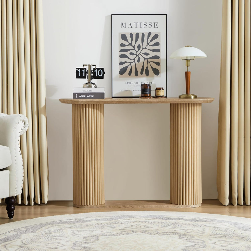 Fluted Console Table, Farmhouse Oval Curved Entryway Table with Storage and Fluted Wood Legs, Narrow Sofa Table Small