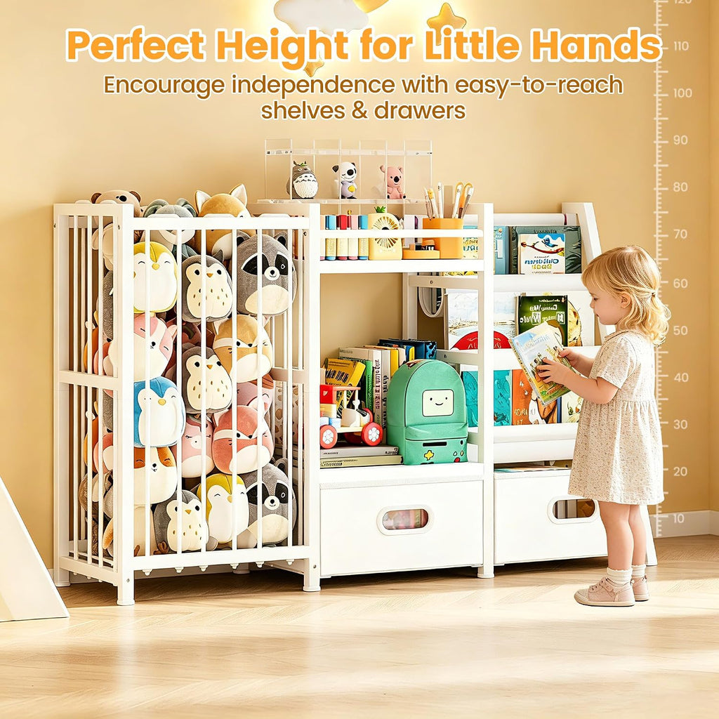 Kids Bookshelf and Toy Storage Organizer with Drawers, 49.3"W×11.8"Dx30.3"H | 3-Tier Book Shelves, 2 Drawers, Stuffed