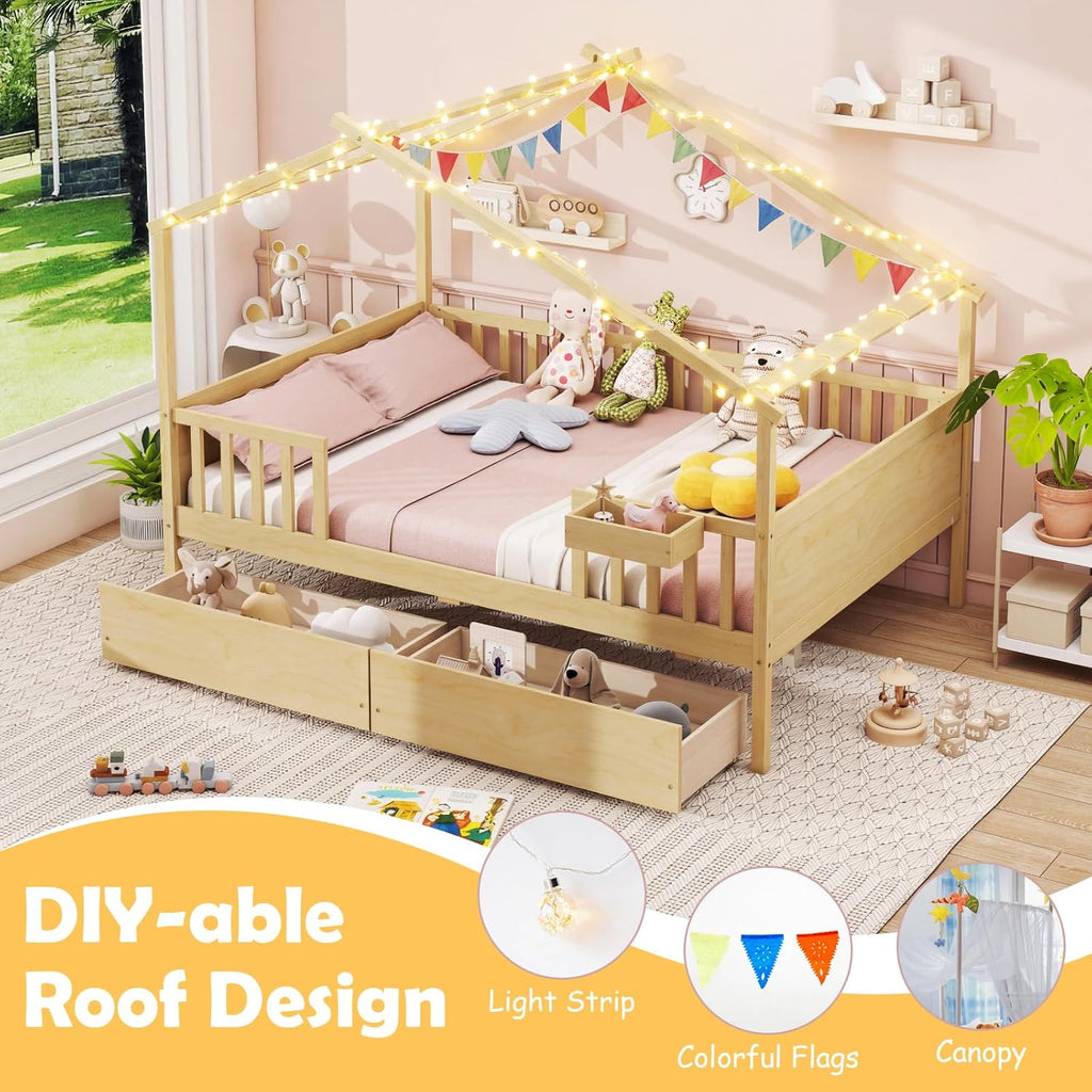 Full House Bed with Drawers, Wooden Full Size Bed Frame with Cube Storage & Fence Rails, Montessori Beds for Kids