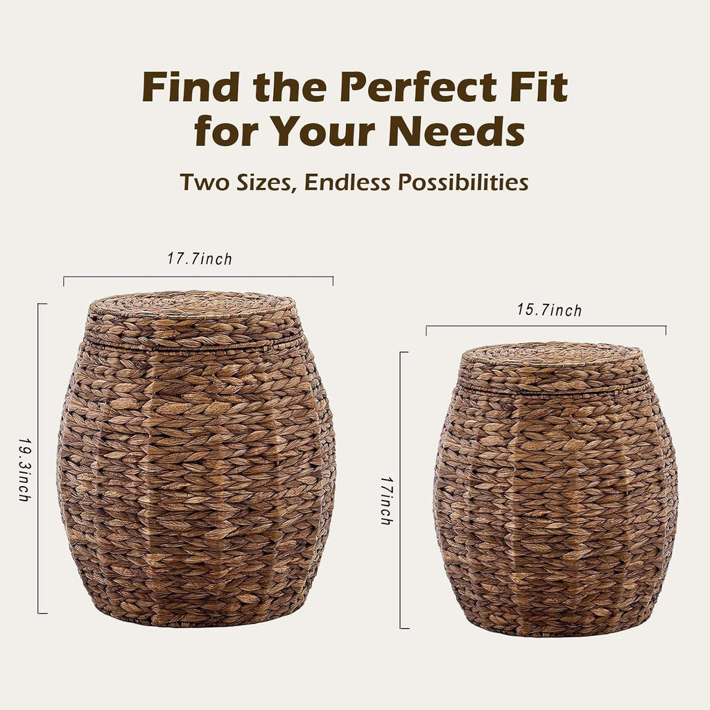 Round Wicker Basket with Lid, Handwoven Water Hyacinth Storage Basket, Blanket Organizer Basket for Laundry