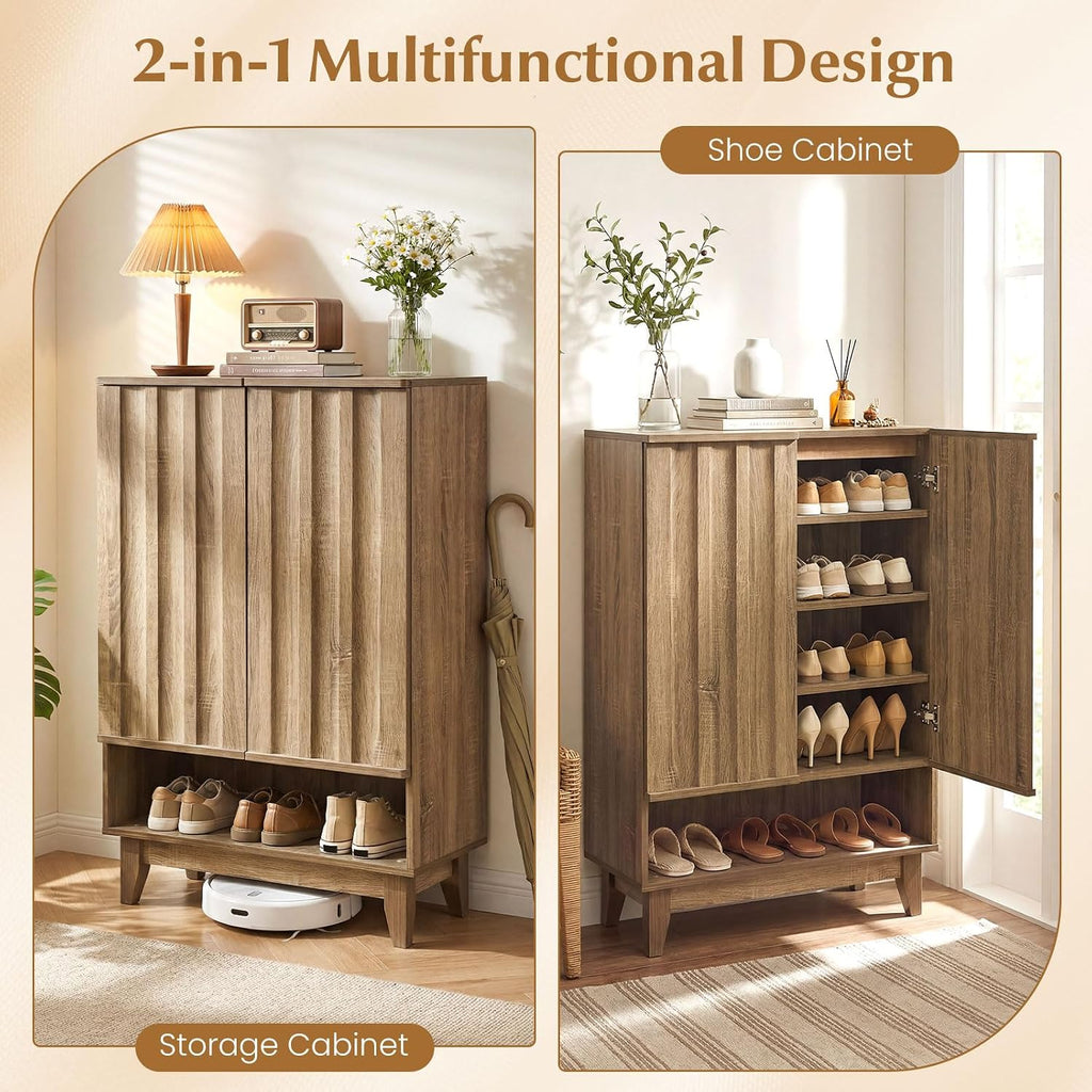 Shoe Cabinet with 2 Fluted Doors, 5-Tier Wooden Shoe Rack Organizer Cabinet with Removable Shelves, Freestanding Shoe