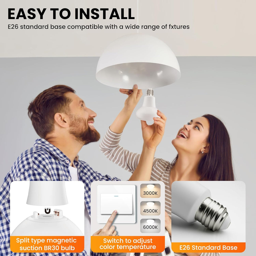 BR30 LED Flood Light Bulbs - 2 Pack 65W 1000LM Indoor Flood Lights, E26 Base, 3 Color Temperature Dimmable Recessed