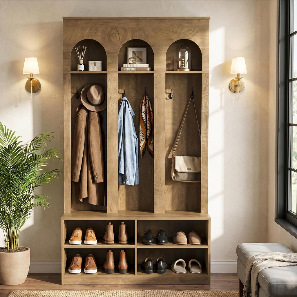 Hall Tree, 70" Entryway Bench with Coat Rack and Shoe Storage | 6 Double Hooks, Mudroom Bench with Storage and Hooks