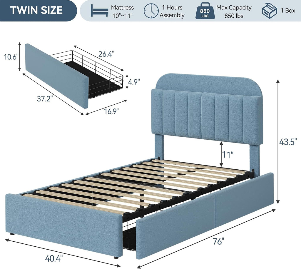 Twin Bed Frame for Kids, Boucle Upholstered Platform Bed for Boys with 2 Flexible Drawers, Bookcase Headboard