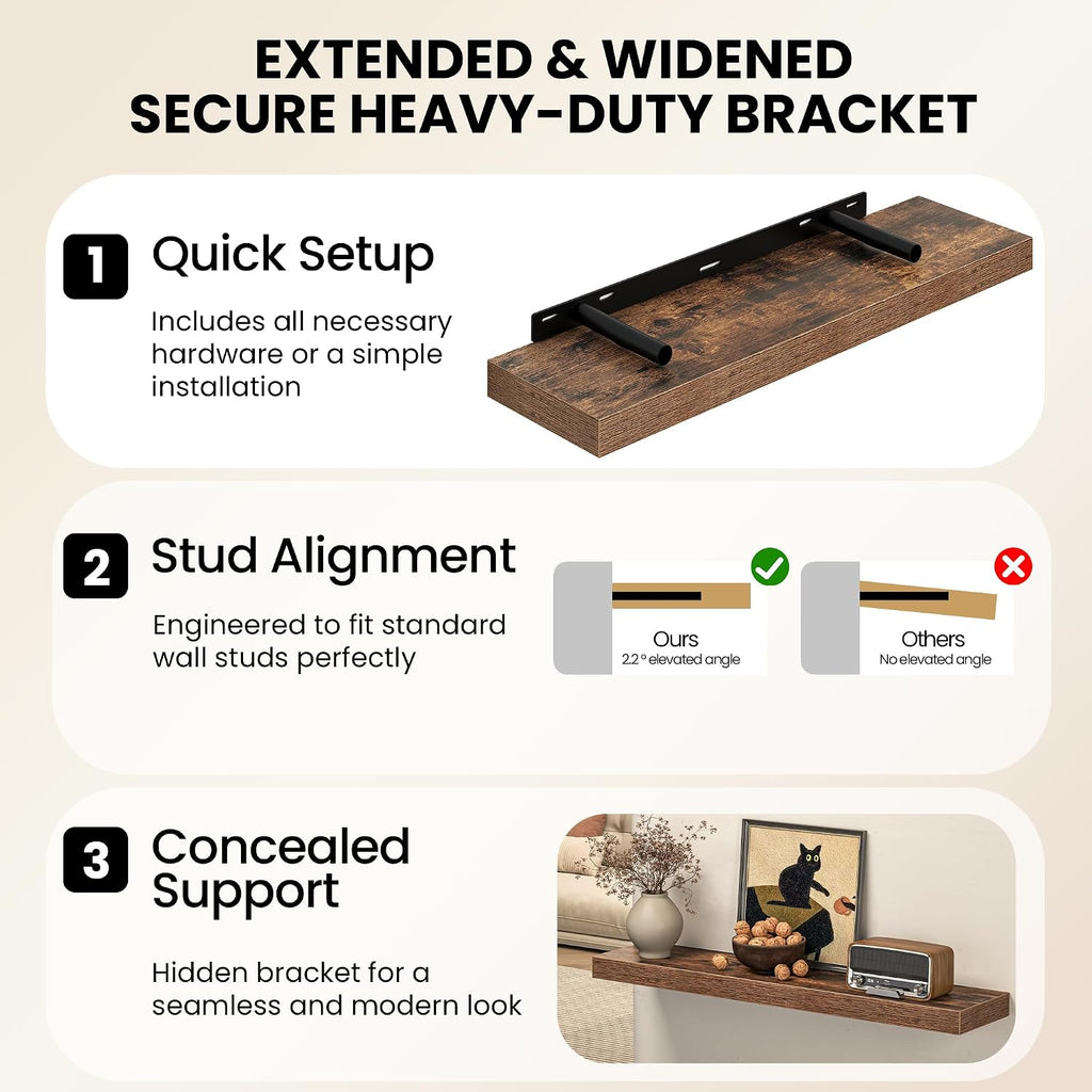 Floating Shelves for Wall, 12 Inch Set of 3 Rustic Wood Wall Shelves with Invisible Brackets, Heavy Duty Storage