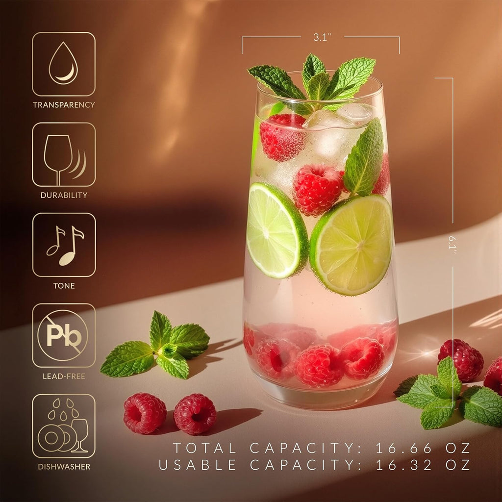 Tall Water, Juice, Drinking Glasses, Set of 6, 16.2 oz, Splendour Collection, Highball & Tumbler Crystal Glass