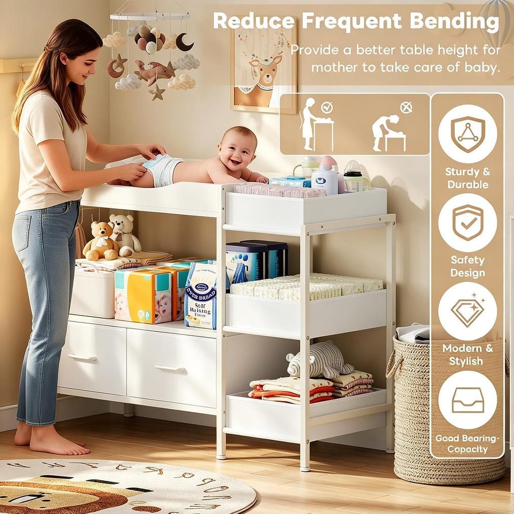 Baby Changing Table with Storage,Heavy-Duty Diaper Changing Station, White Nursery Dresser Organizer with 2 Large