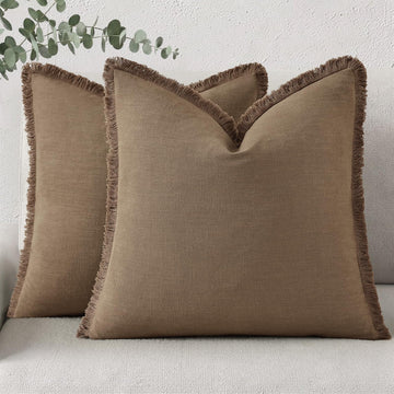Linen Fringe Light Brown Throw Pillow Covers 16x16 Set of 2