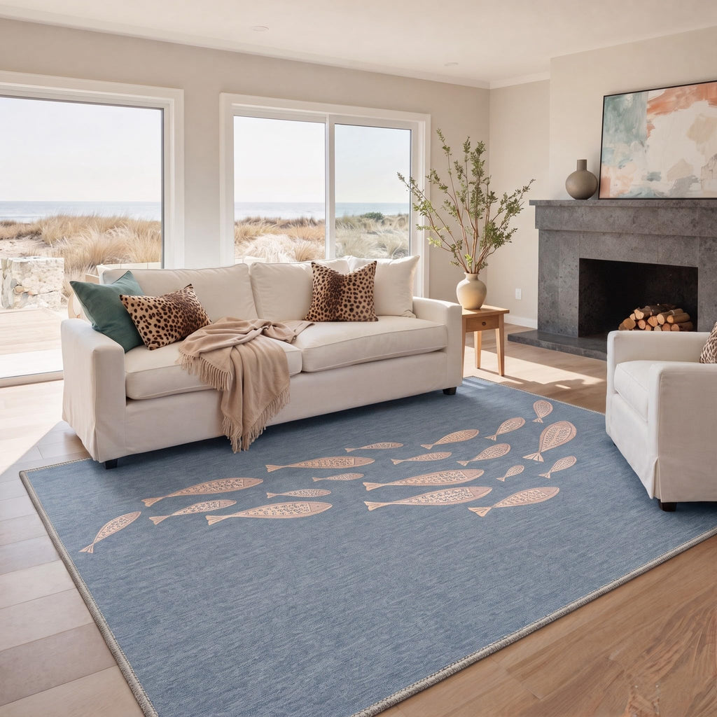 6x9 Fish Rug, Machine Washable Light Blue Rug with Minimal Fish Pattern