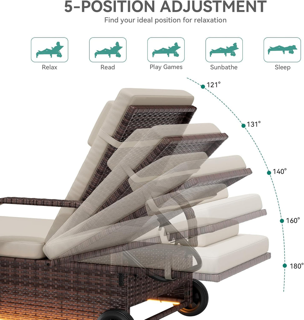 Outdoor Chaise Lounge Chair with LED Lights, Patio Wicker Lounge Chairs with 5-Level Backrest