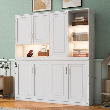 Twin Wall Murphy Bed with Top Cabinet, Shelves,Space Saving Foldable Bed with Light & USB,Sleeping Arrangement for