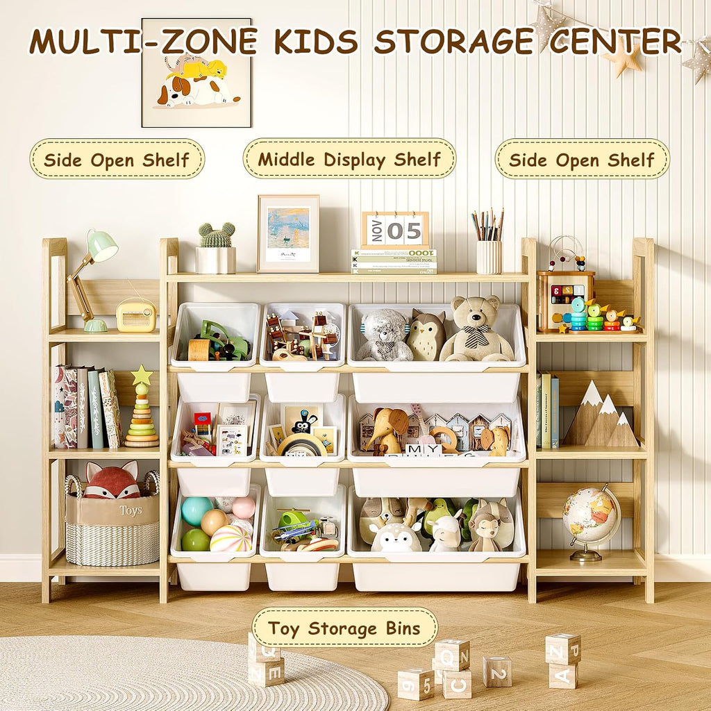 Large Toy Storage Organizer, Top Rack, 6 Side Shelves, 9 Bins | Solid wood kid-height storage for toys, books and