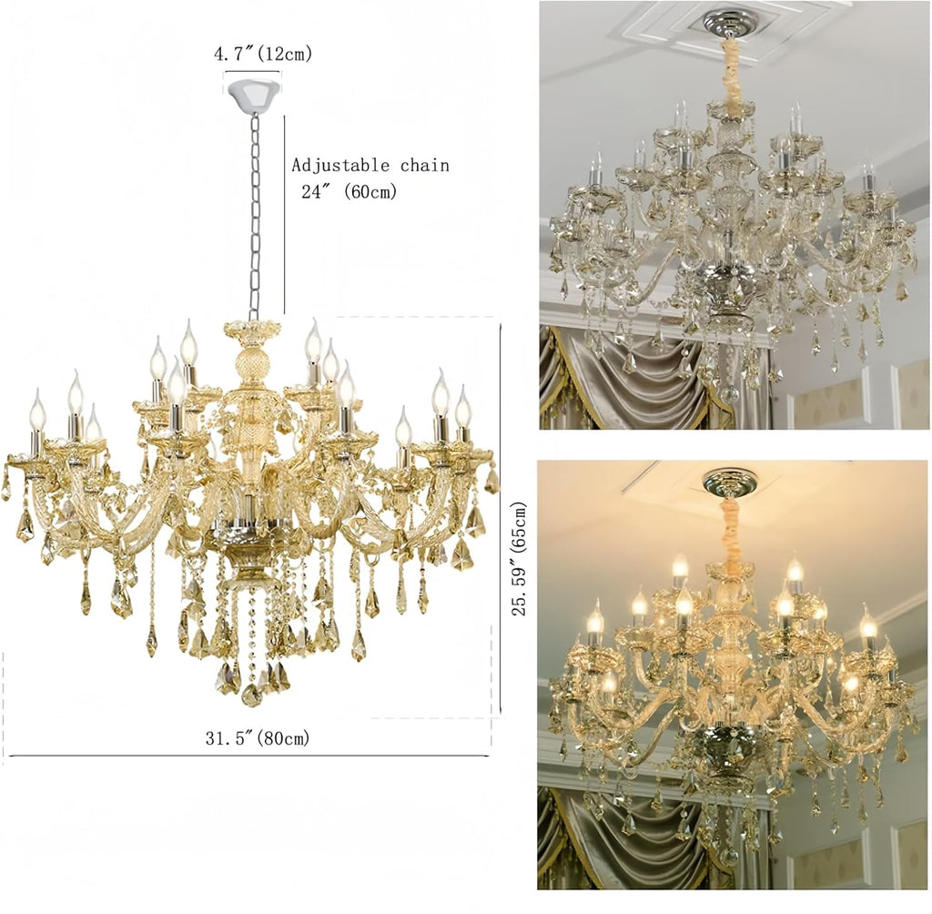 Luxury K9 Crystal Chandelier 15 Light, Modern Cognac Crystal Ceiling Chandelier Lighting Fixture Candle Style E12 Base for Dinning Living Room Bedroom Hallway (15 Lights)