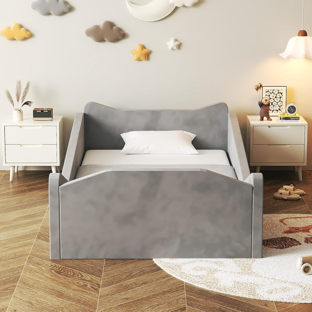 Toddler Bed, Floor Bed with Safety Guadrail, Montessori Toddler Bed with Animal Ear Shapes, Soft Velvet Wood Bed for