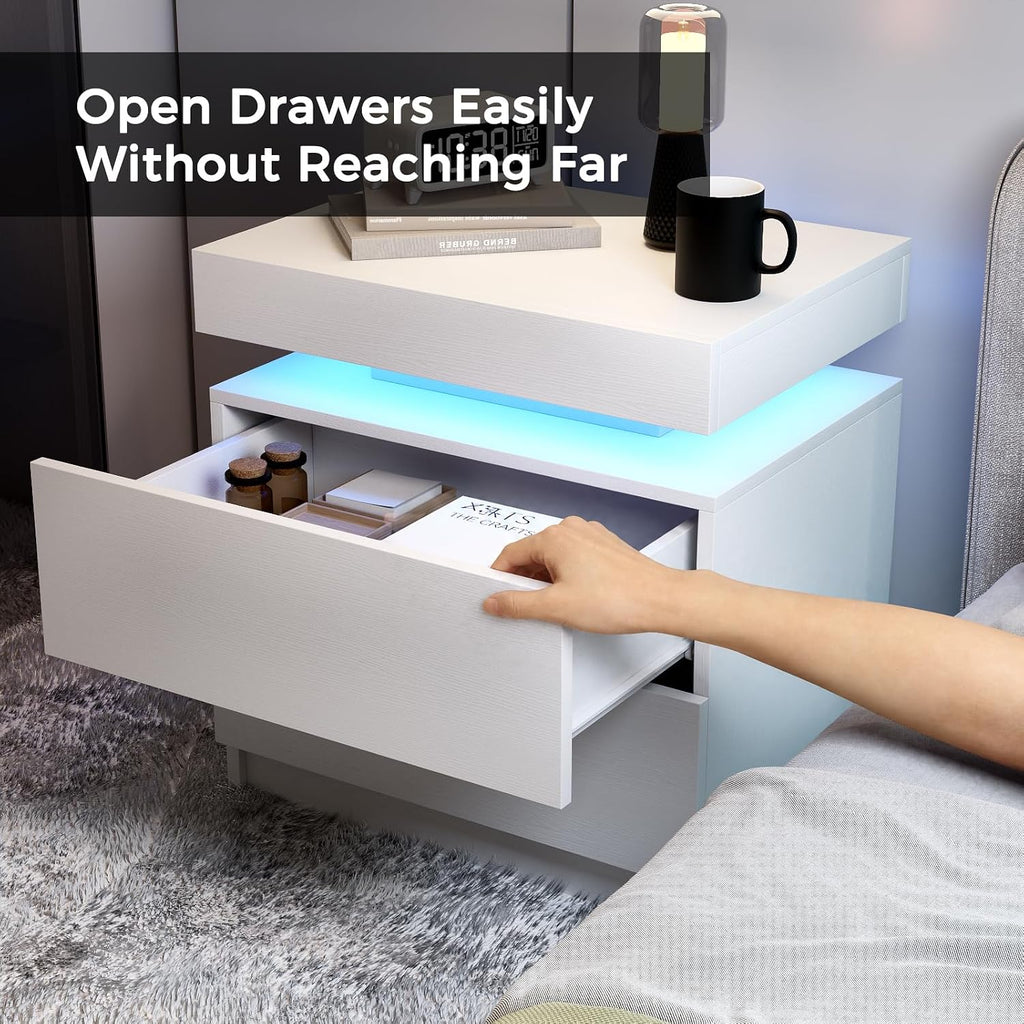 LED Nightstands Set of 2, Modern White Night Stand End Tables with APP & Remote Control LED Lighting, 2 Drawers, Open